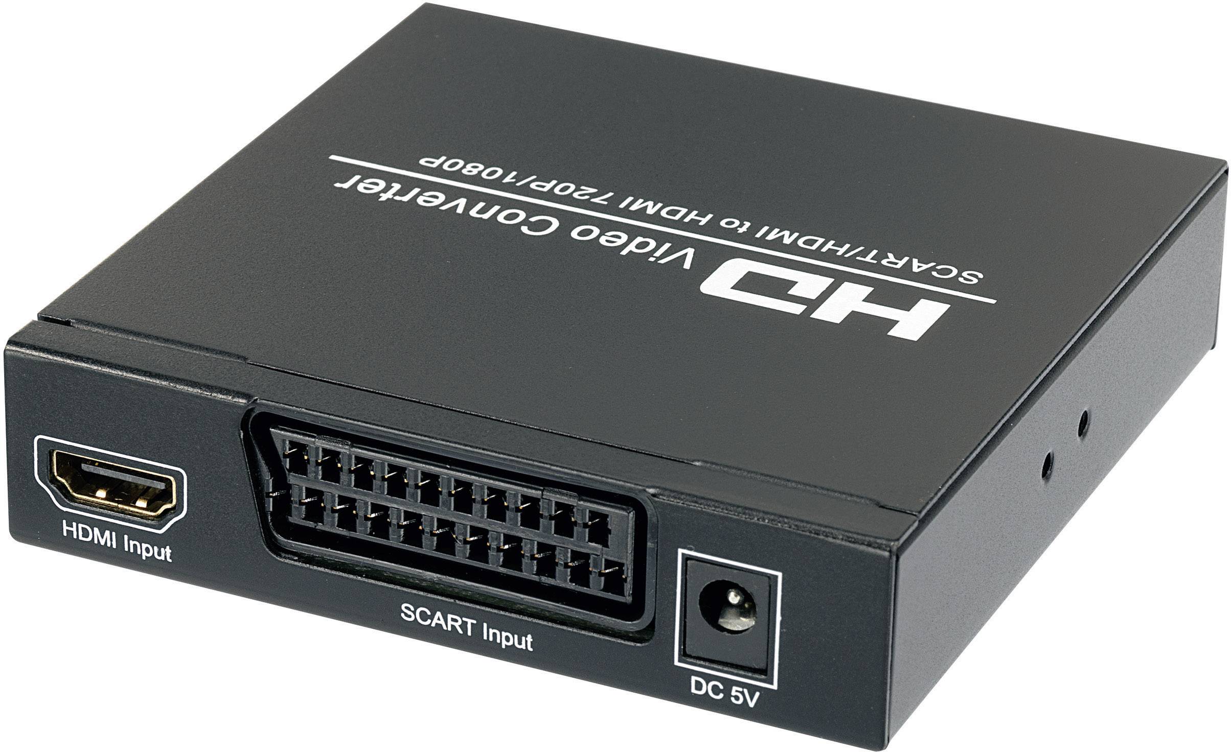 'HD Video Converter' with HDMI and SCART inputs, compact box design. Converts SCART signals to HDMI.