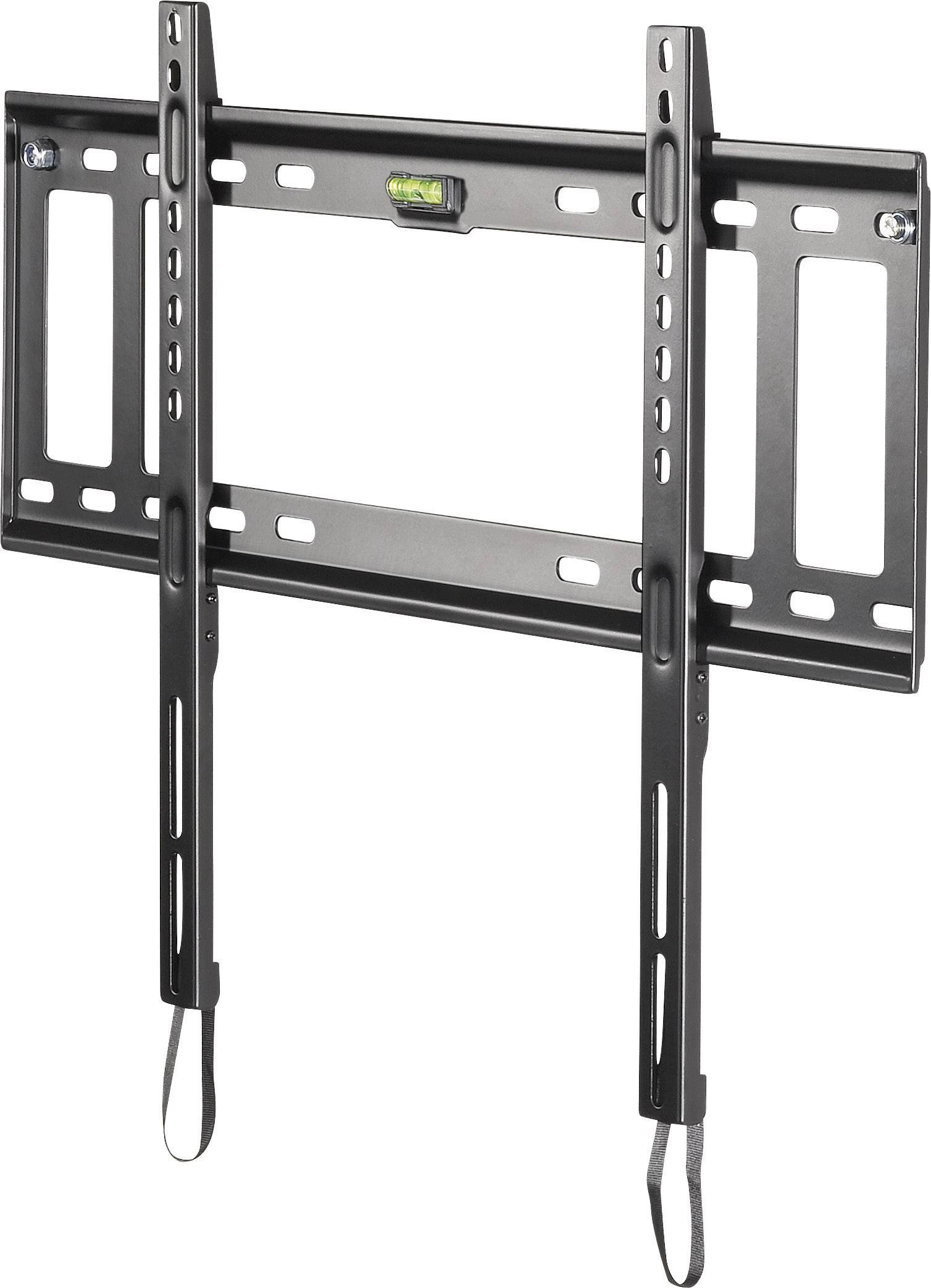 A black, slim television wall mount with an integrated spirit level, designed for secure wall mounting.