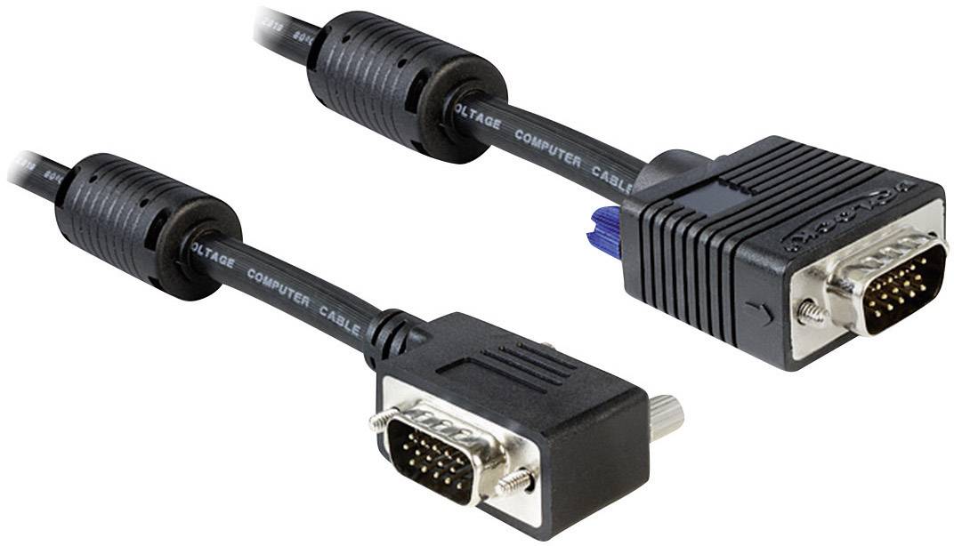 Two black VGA cables with blue and black connector ends, connected for video transmission.