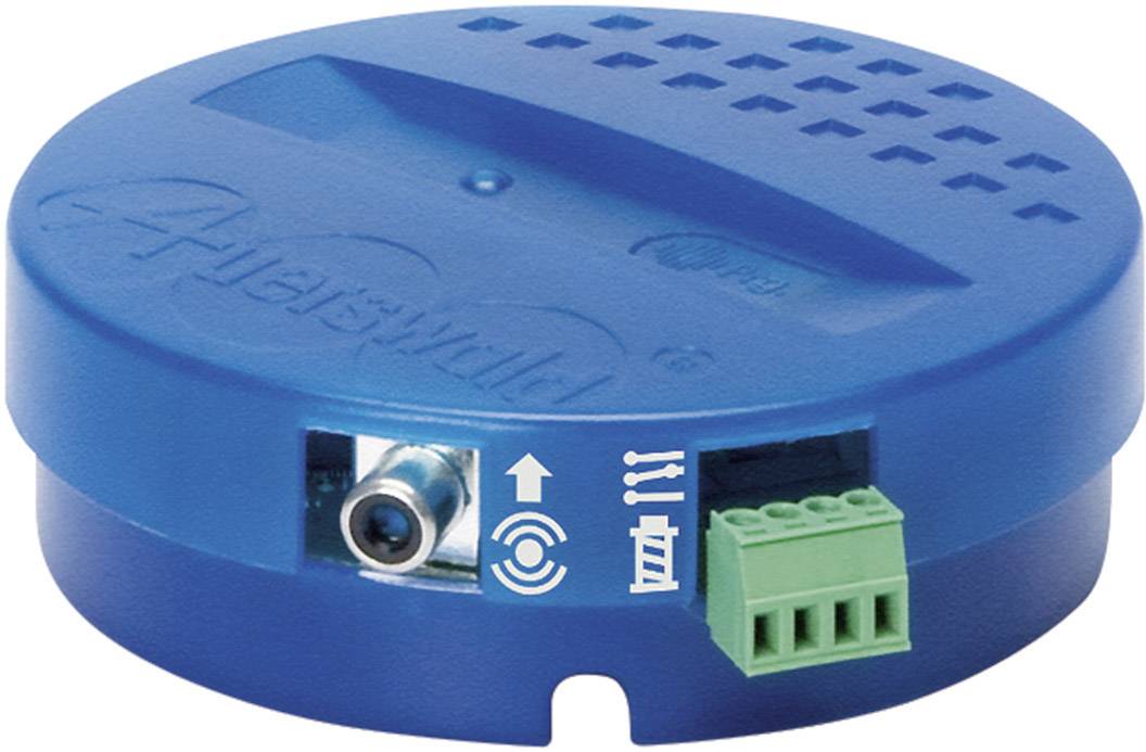 A blue, round electronic sensor with connectors and symbols indicating the direction of data transmission and connection options.
