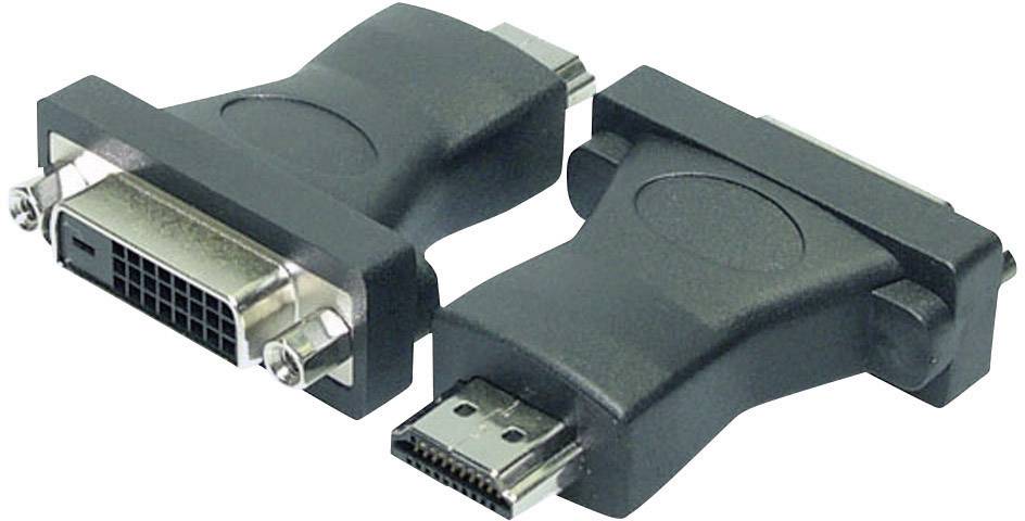 Adapter with HDMI and DVI ports shows front and back view. Enables connection between HDMI and DVI devices.