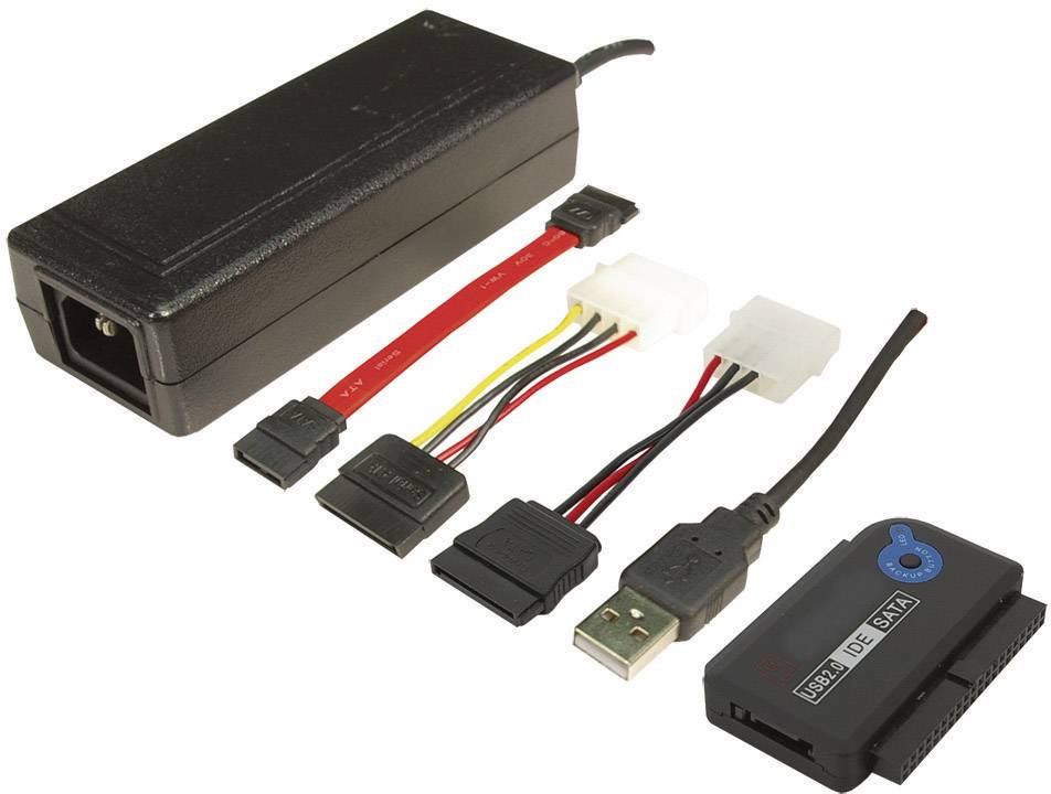 USB Adapter Set for Connecting SATA and IDE Hard Drives, including Power Supply and Various Cable Connections.