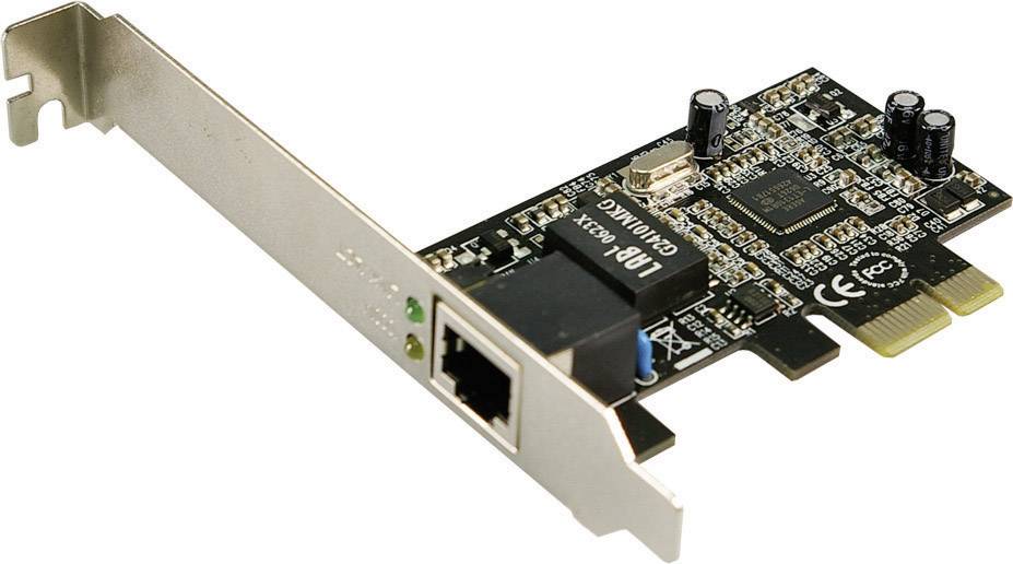 Network card with PCIe connection, showing circuit boards and Ethernet port.