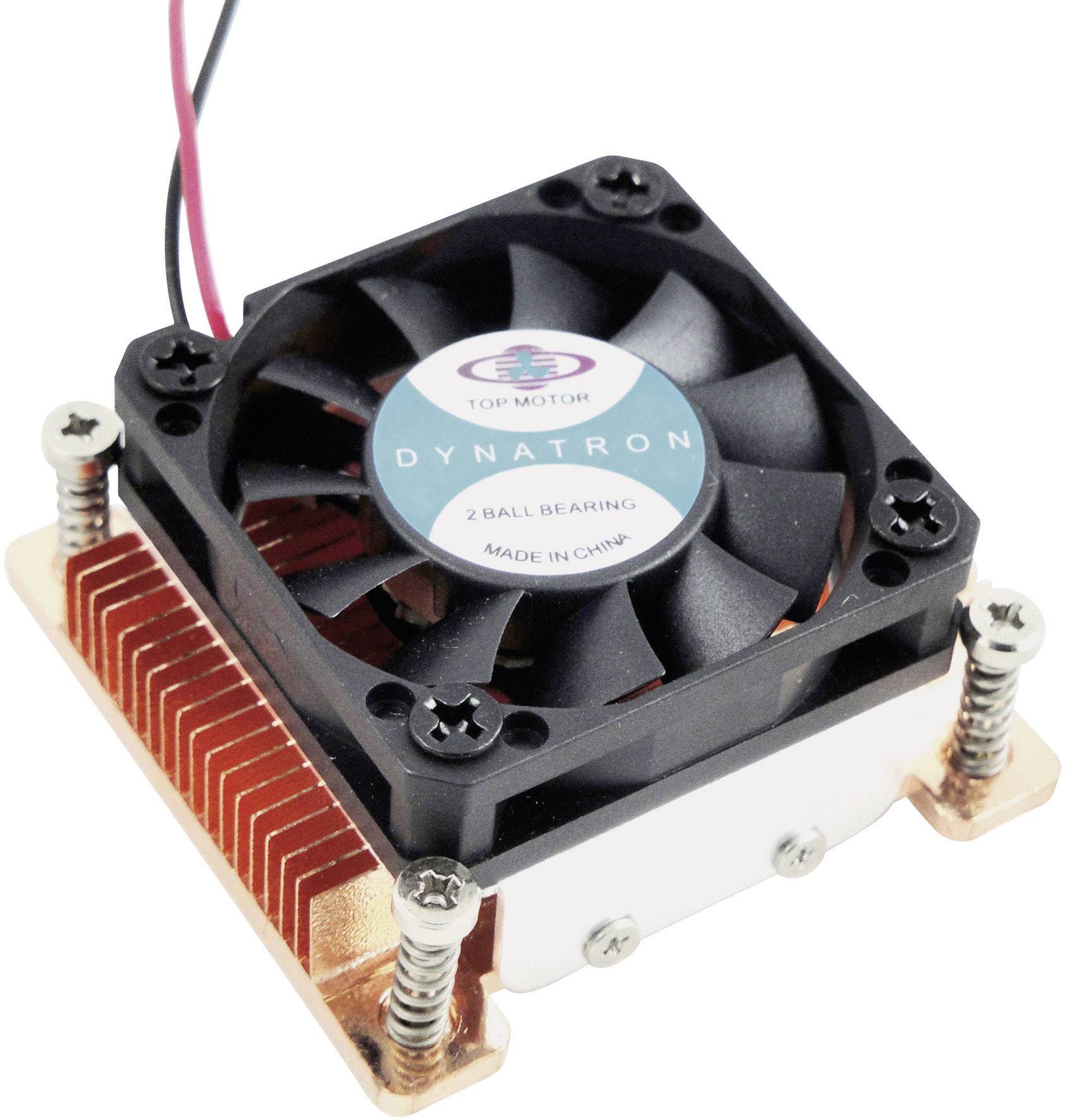 A small computer fan with a copper heatsink, mounted on a metal plate. Text on the fan: 'TOP MOTOR' and 'DYNATRON'.