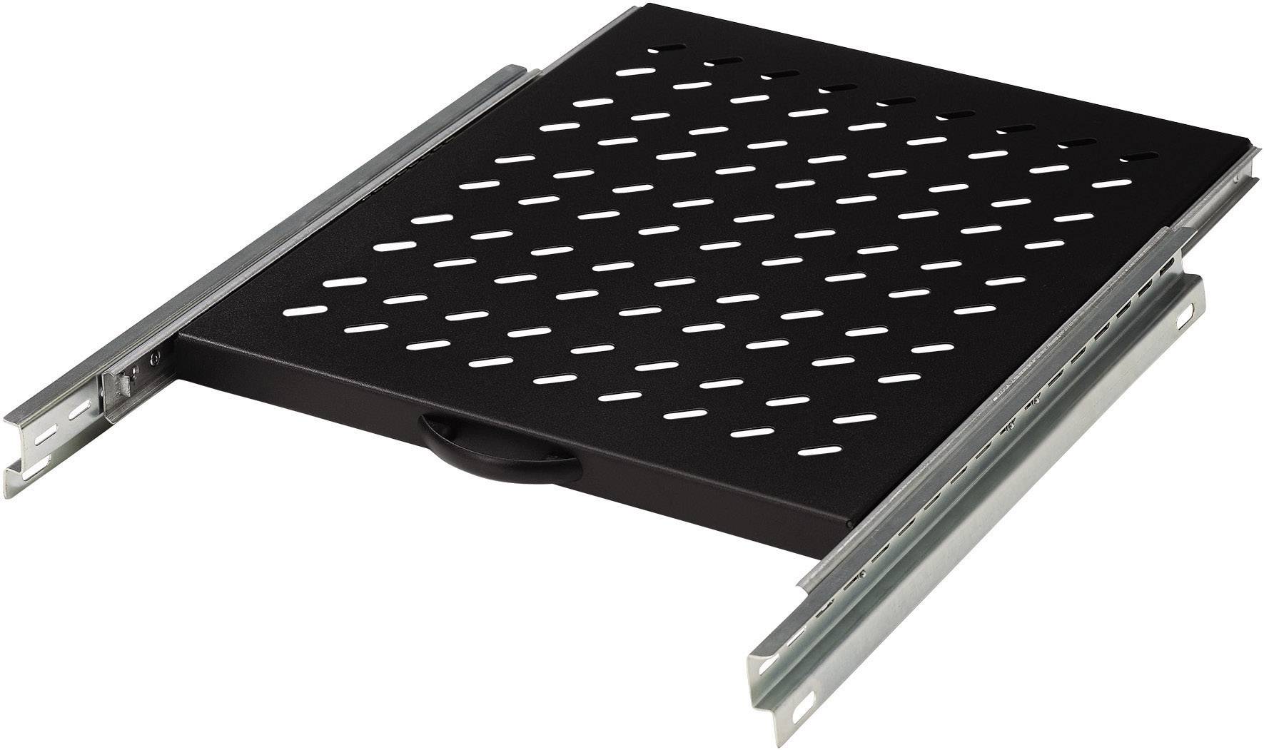 Black, perforated metal shelf with side rails for rack mounting.