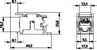 Technical drawing of an RJ-45 connector with dimensions in millimetres. Shows side and front view.