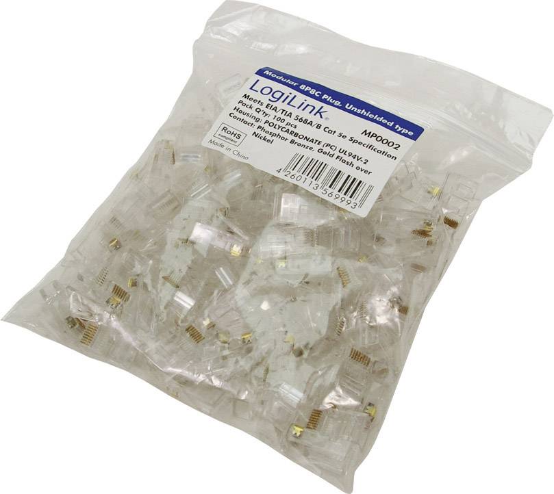 LogiLink MP0002 Plug CAT 5E Pack Of 100, Unshielded 8P8C RJ45 Plug, straight Transparent