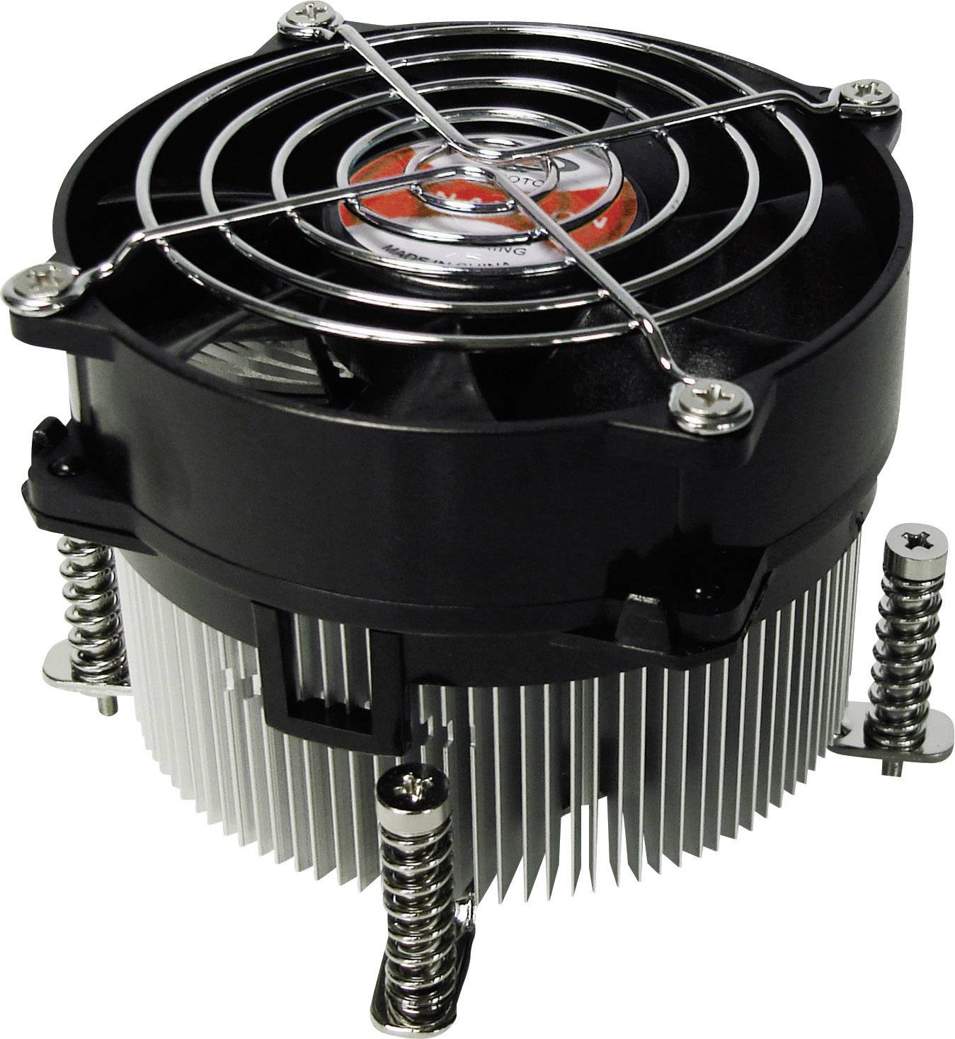 A black CPU fan with a silver heatsink and protective metal cover. Four screws for mounting to the device.