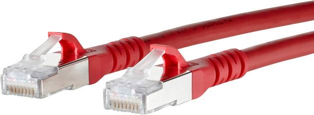 Two red Ethernet cables with RJ45 plugs, lying side by side.