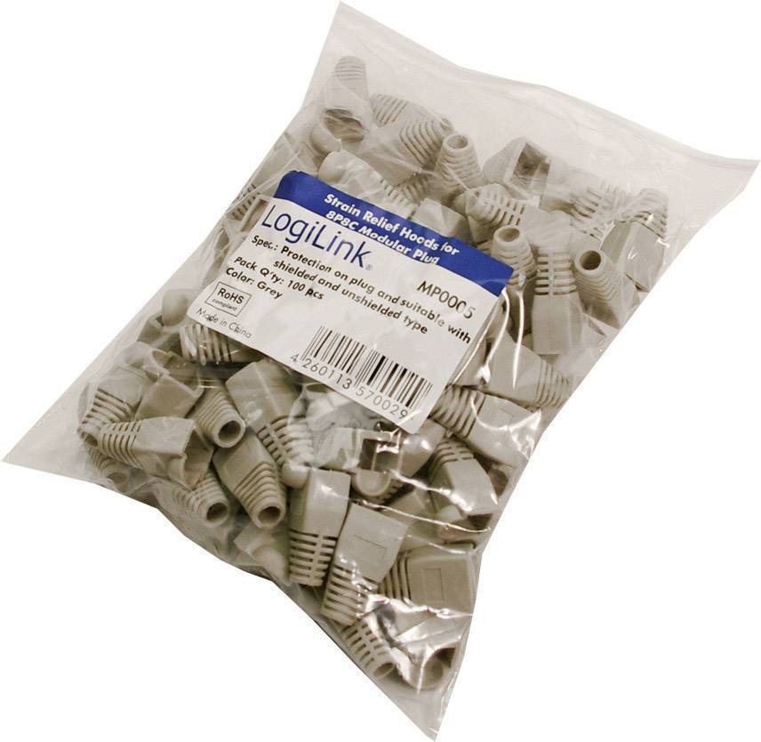 LogiLink bag of grey strain relief boots for RJ45 plugs, 100 pieces.