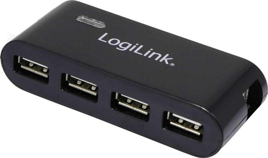 'LogiLink' USB Hub with four USB ports in a black casing. Ideal for connecting multiple USB devices to a computer.