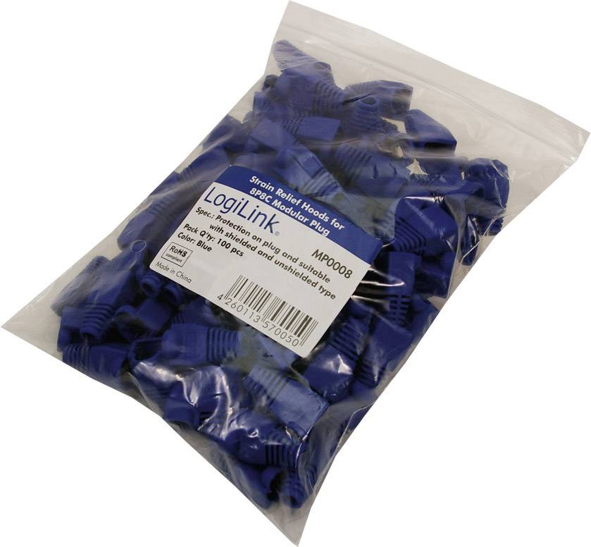 A bag of blue cable protection caps by LogiLink, model MP0009, for RJ45 plugs. Contains 100 pieces, manufactured in China.