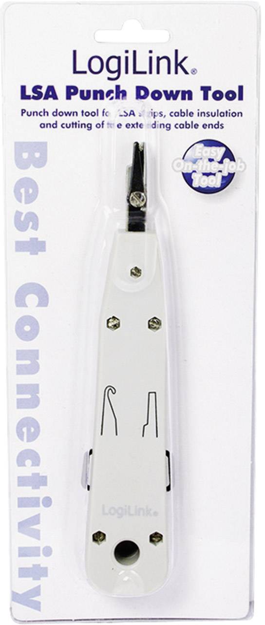 'LSA Punch Down Tool' by LogiLink on packaging. Tool used for connecting cables to connection points.Here's the British English translation:'LSA Punch Down Tool' by LogiLink on packaging. Tool used for connecting cables to connection points.