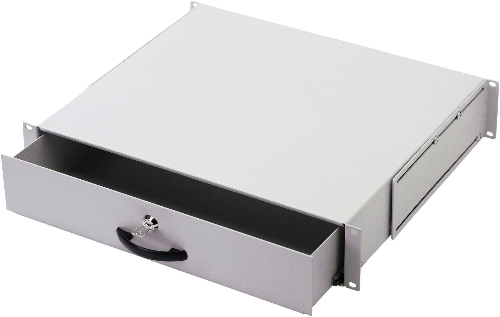 A silver drawer for a 19-inch rack with a front lock, opened to reveal the storage space. Ideal for secure storage.