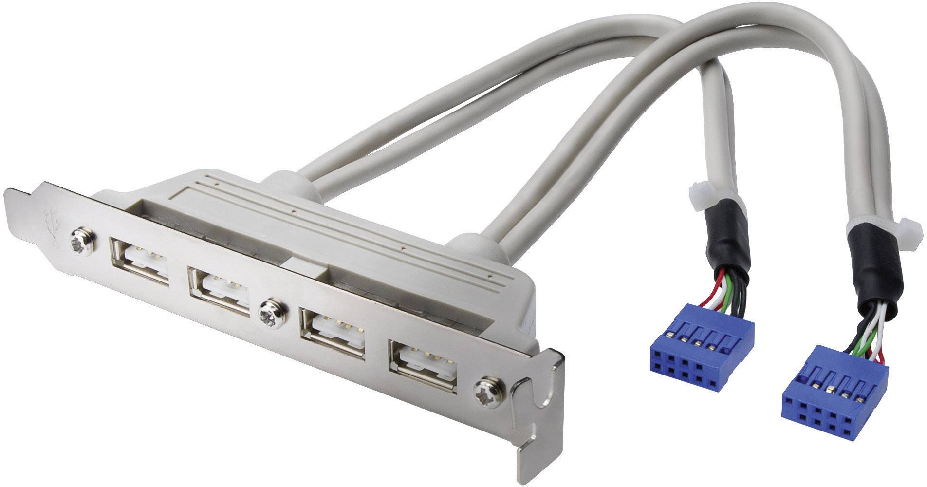 Metallic PC expansion card with three USB ports and two blue connection cables for internal connection.