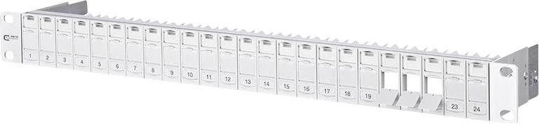 Patch panel with 24 ports, numbered from 1 to 24. It is used for connecting and organising network cables in a rack.