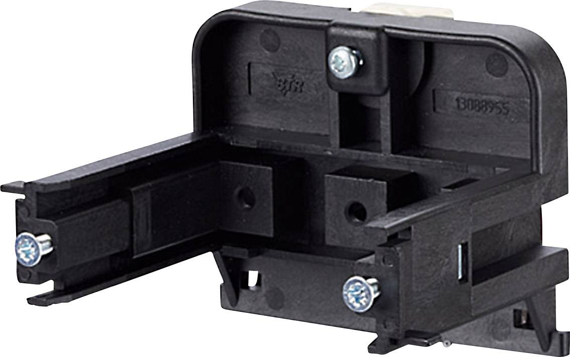 Black electronics enclosure with multiple compartments and three visible mounting screws.