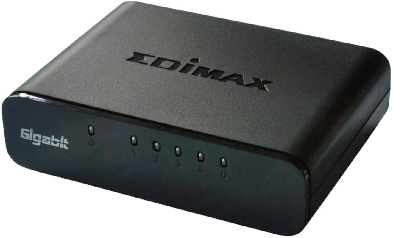 A black network switch with 'Edimax' printed on the top and 'Gigabit' on the side, displaying five LED indicators at the front.