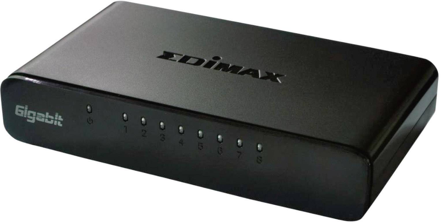 Black Edimax Gigabit Network Switch with eight Ethernet ports. The switch provides wired network connections for multiple devices.