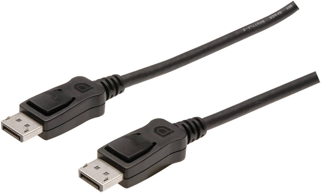 A black DisplayPort cable with two connectors used for connecting monitors to computers.