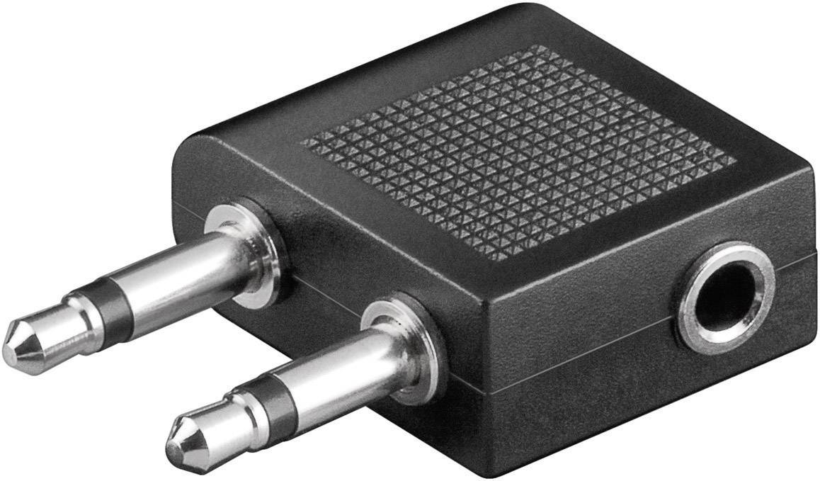 A black headphone splitter with two 3.5-mm plugs and one socket. Suitable for connecting two headphones to a single device.