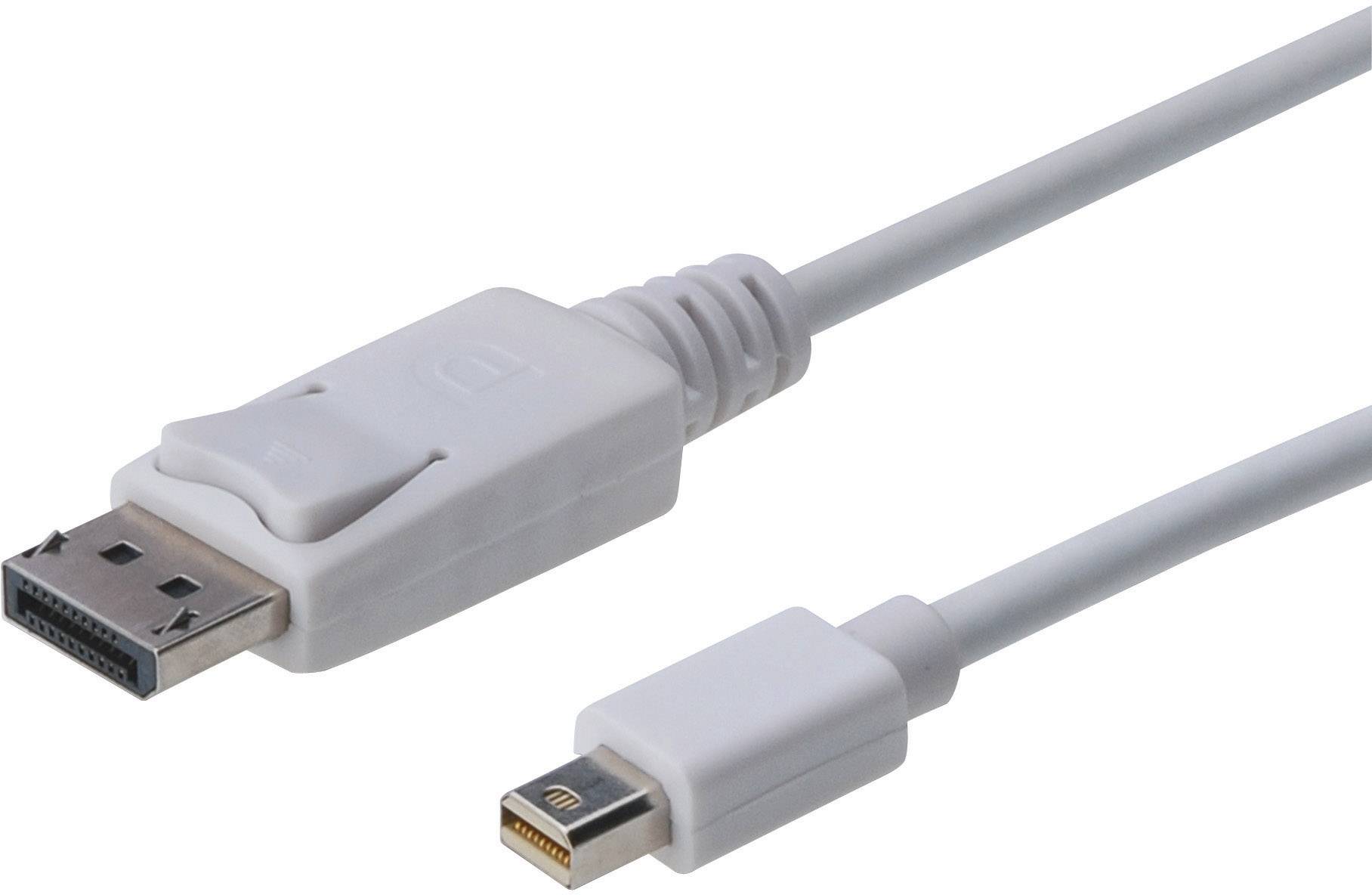 White cable with DisplayPort plug and Mini DisplayPort plug on white background.