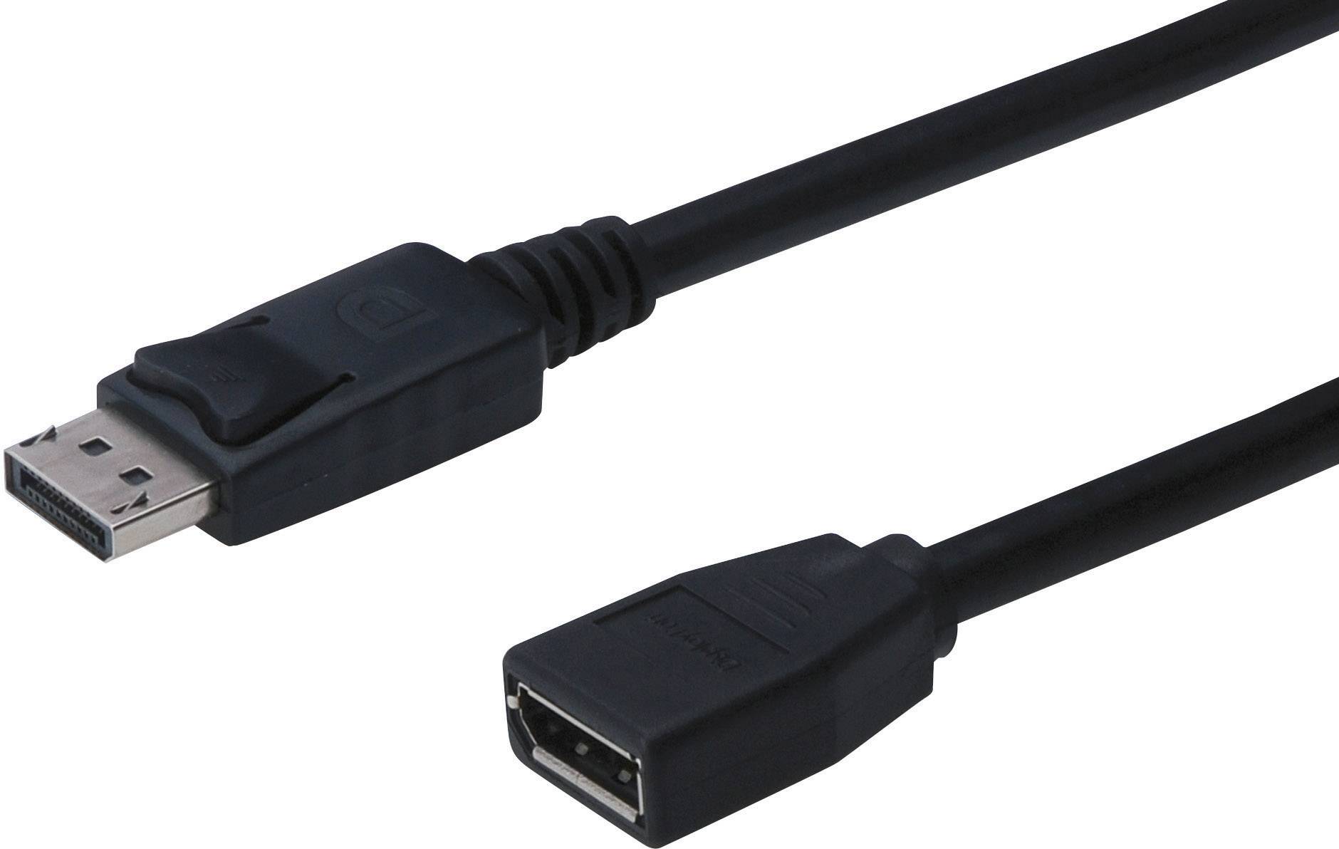 A black DisplayPort cable with a plug and a socket. It is used to connect devices for the transmission of audio and video.