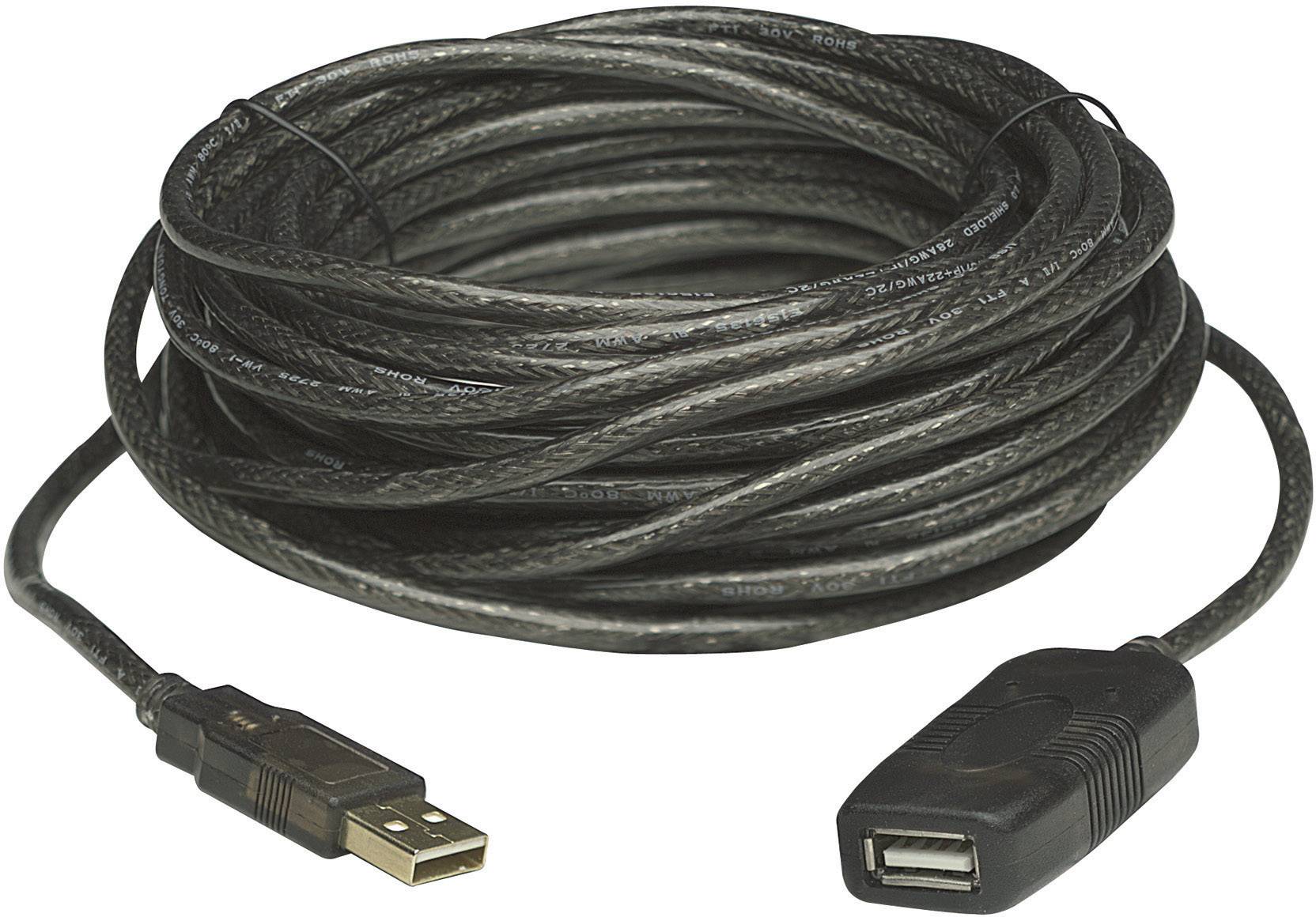 A long black USB extension cable with a male and a female connector, coiled and ready for use.