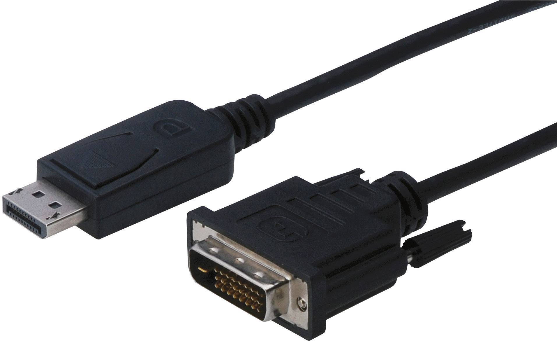 A black cable with a DisplayPort plug on the left and a DVI plug on the right, for connecting devices with different ports.