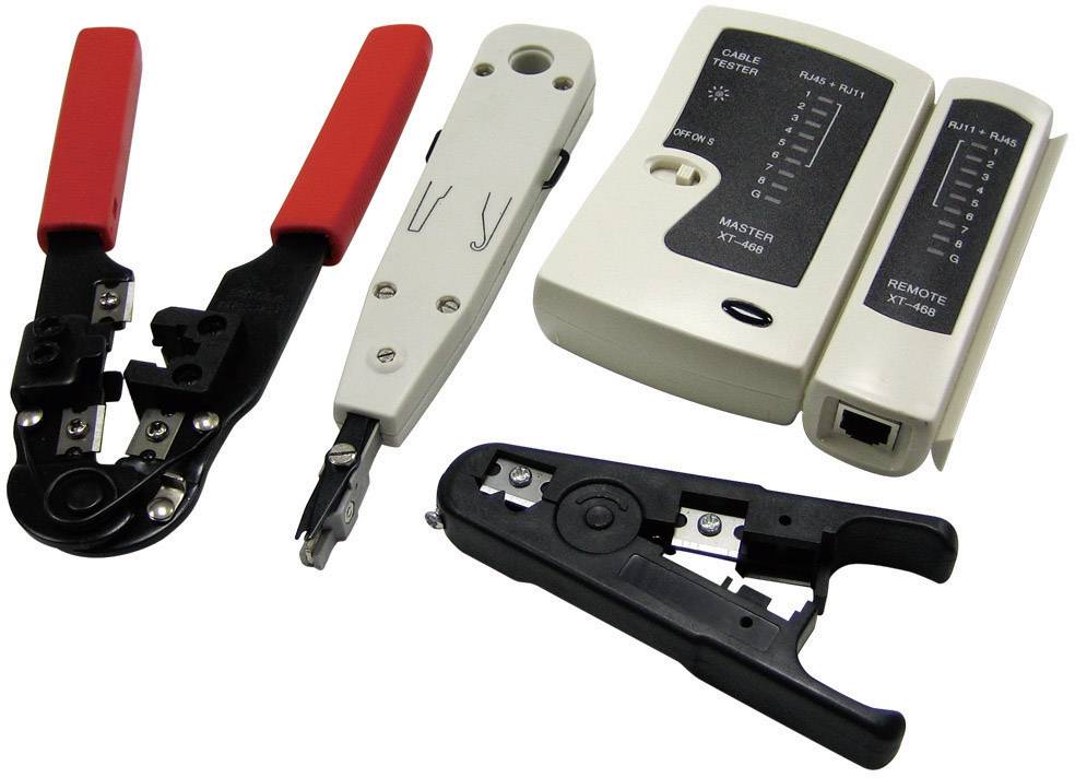 Network test kit with cable tester, crimping pliers and installation tool for checking and installing network cable connections.