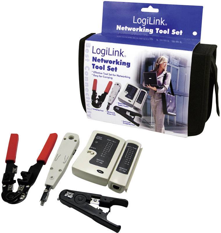 Set of network tools, consisting of two crimping pliers, a cable tester and a wire stripping knife, packaged in a box.
