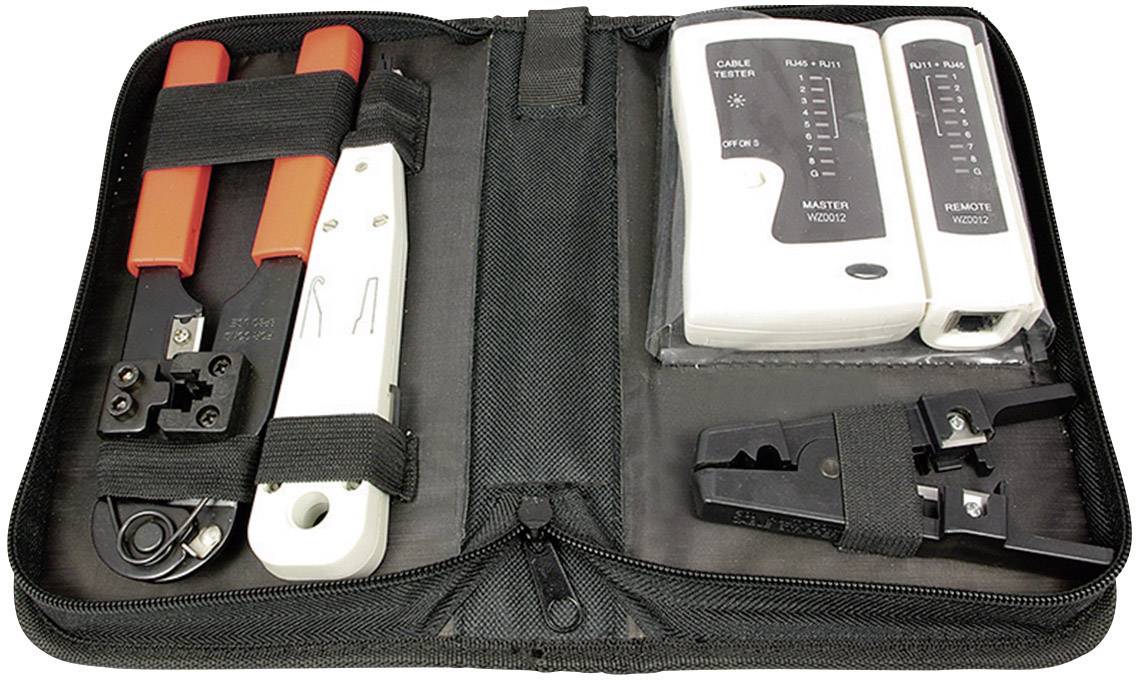 Network Cable Tool Set in a black bag. Includes cable tester and crimping pliers, suitable for network installation.