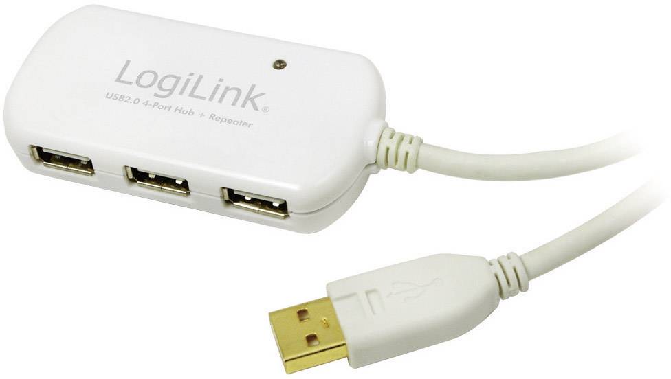 A white LogiLink USB 2.0 4-port hub with three USB ports and a USB cable for connecting to a computer.