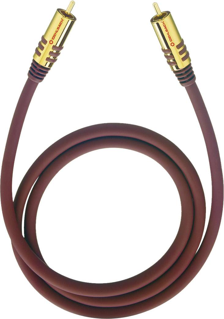 A rust-brown audio cable with gold-plated RCA connectors at both ends, arranged in a loop, for high-quality audio connections.