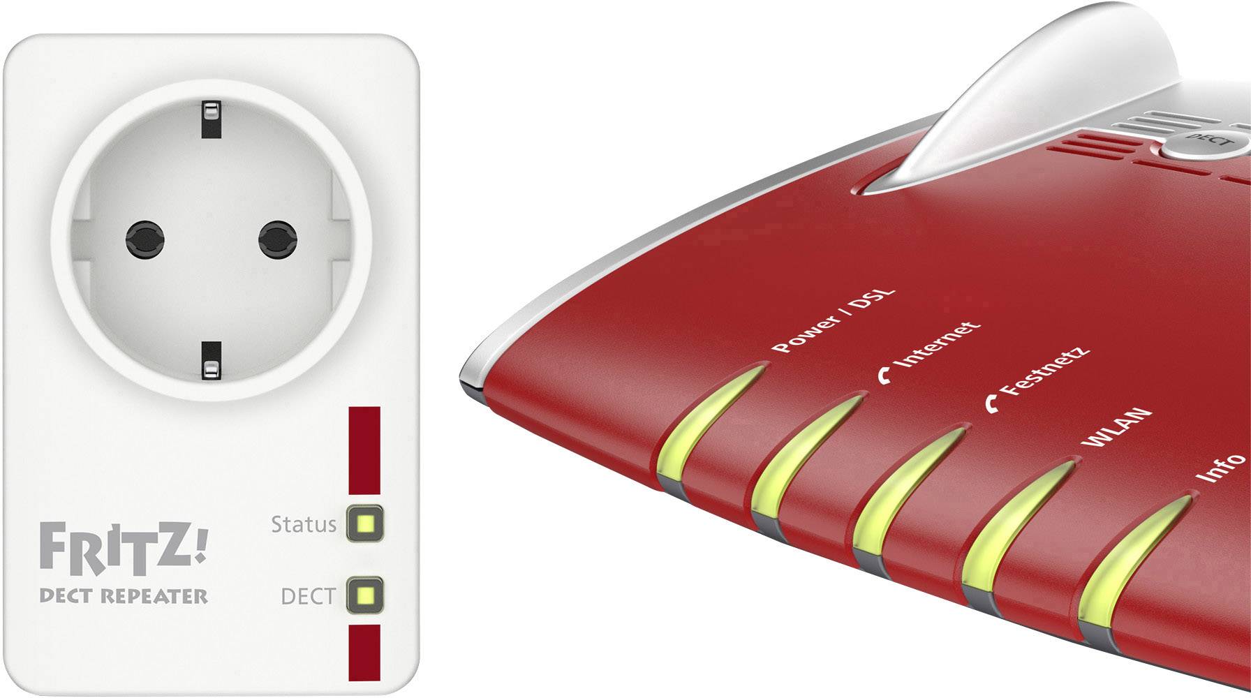 A white DECT repeater from FRITZ! positioned to the left of a red FRITZ! Wi-Fi router. The repeater is plugged into a power socket.