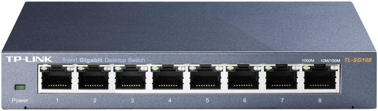 A 'TP-LINK 8-Port Gigabit Desktop Switch', Model TL-SG108, with eight Ethernet ports for network connections.