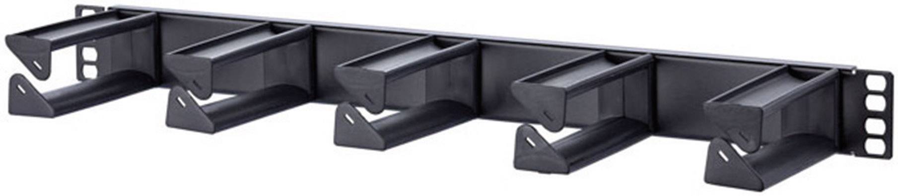 A black cable management organiser with five holders for organised routing and storage of cables on the wall.