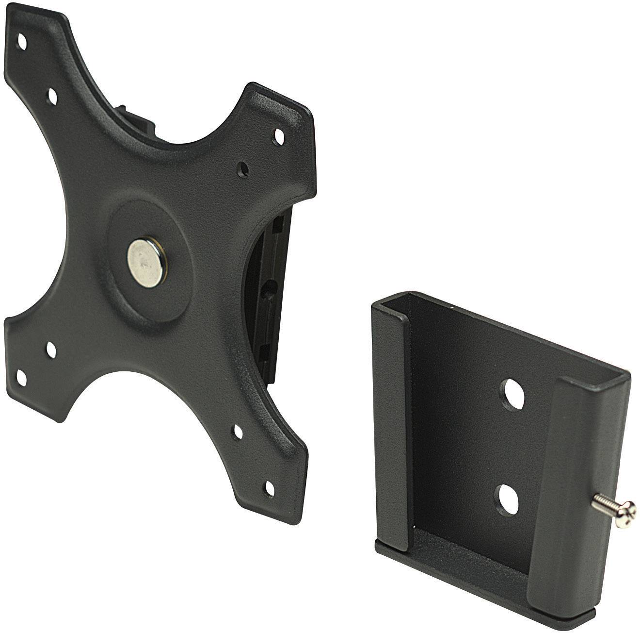 A black monitor mount, comprising a cross-shaped backplate and a rectangular mounting section.