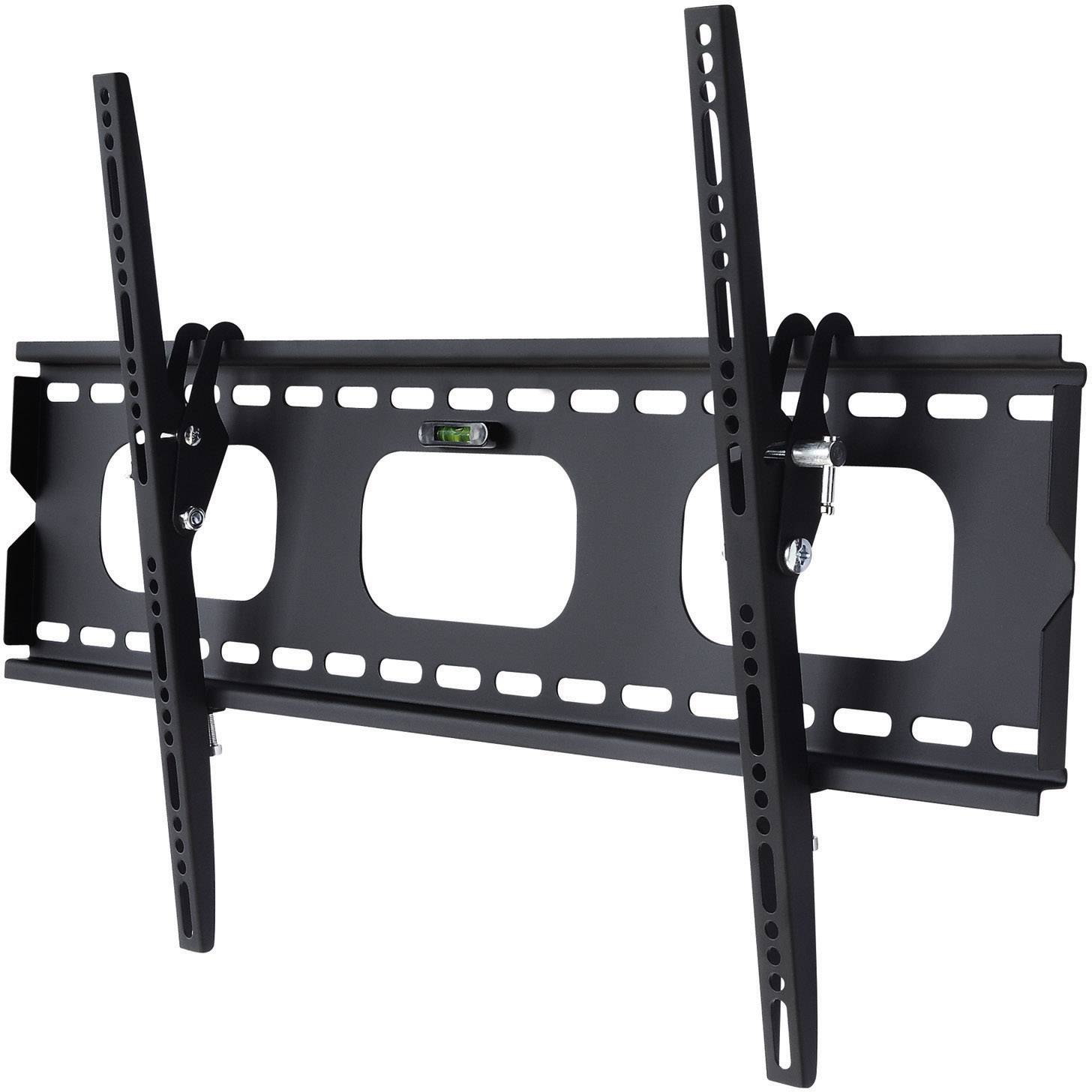 A black TV wall mount with tilting mechanism and integrated spirit level, suitable for large flat-screen televisions.