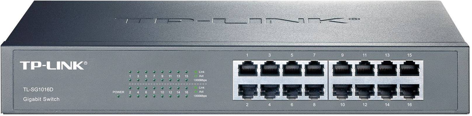 TP-Link TL-SG1016D Gigabit Switch with 16 Ethernet ports, LED indicators for network activity, suitable for use in networks.
