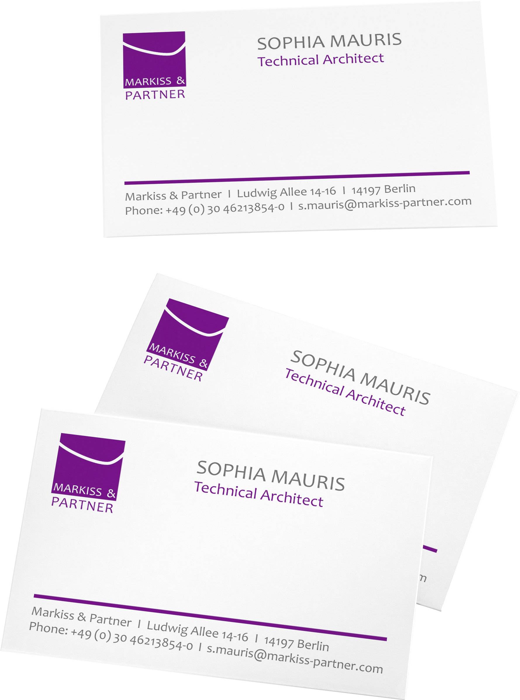 Business cards for 'Markiss & Partners' with the name 'Sophia Mauris', position 'Technical Architect', contact details and logo.