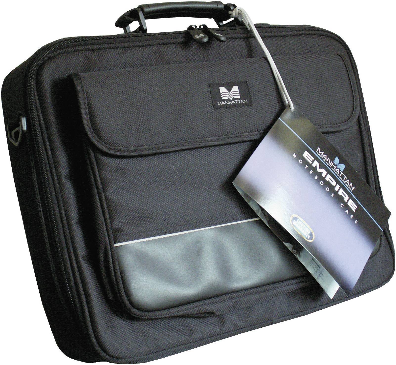 Black laptop bag with handle and front pocket, 'Manhattan' brand label on the front. Attached label with product information.