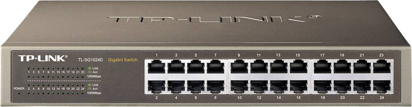 TP-Link Gigabit Switch with 24 Ethernet Ports for Network Connectivity. Indicator lights display operational status and connection speed.