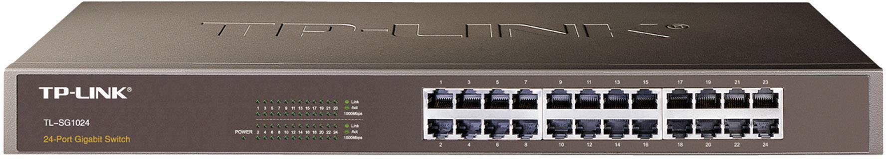 A TP-Link 24-Port Gigabit Switch with model number TL-SG1024M, displaying multiple Ethernet ports and status LED indicators.