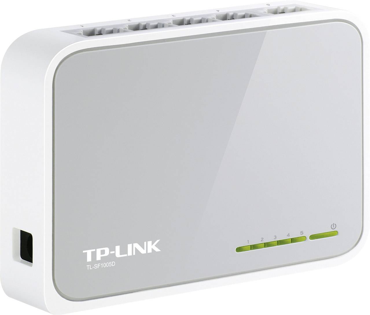 A white TP-Link network switch with five Ethernet ports and LED indicators on the front, model TL-SF1005D.