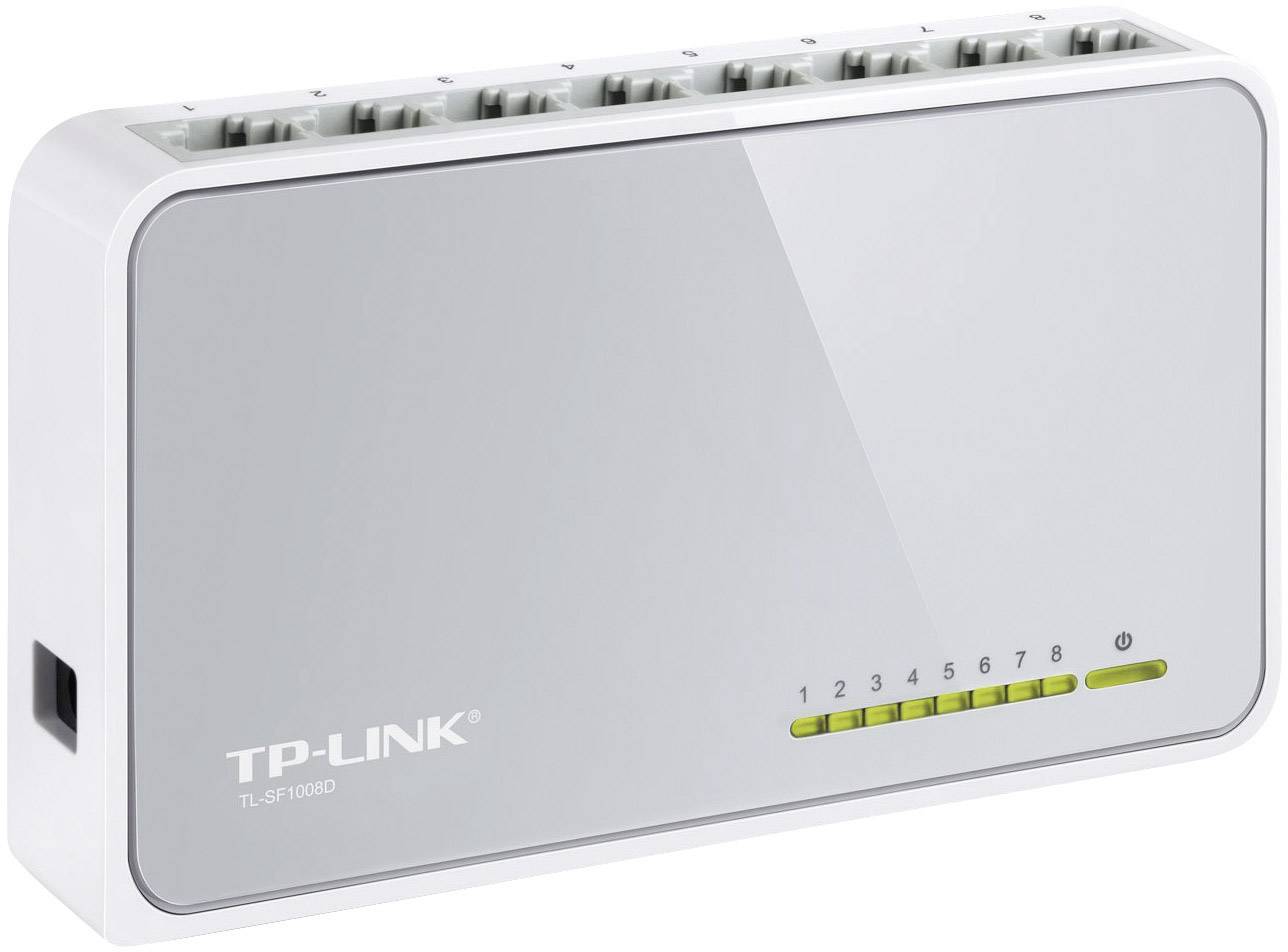 TP-LINK TL-SF1008D Ethernet Switch with eight ports, compact and white, for connecting multiple network devices.