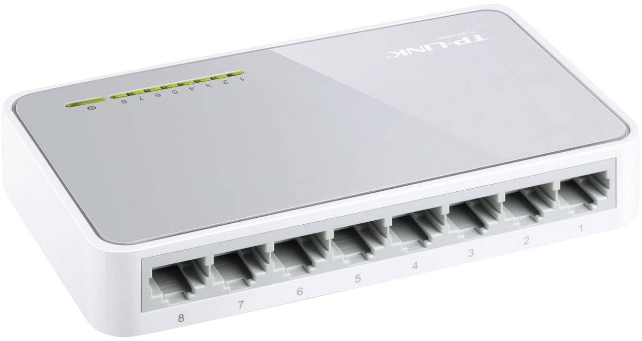 A white network switch with eight LAN ports and LED indicators on the top surface for status checking.