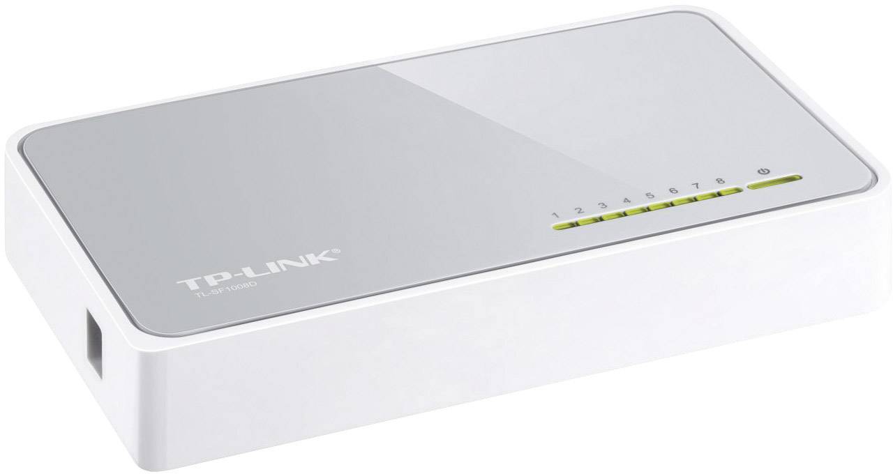 A white TP-Link network switch with eight Ethernet ports and LED indicators for network activity on the top surface.