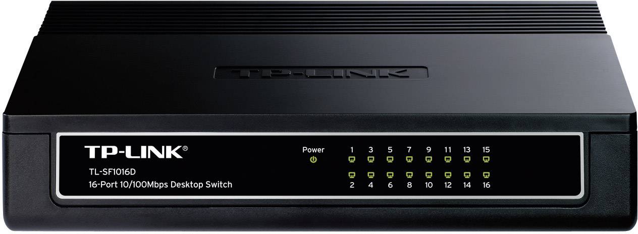 Black TP-Link Desktop Switch TL-SF1016D with 16 Ethernet ports, power LED and status LEDs for connection indicators on the front panel.