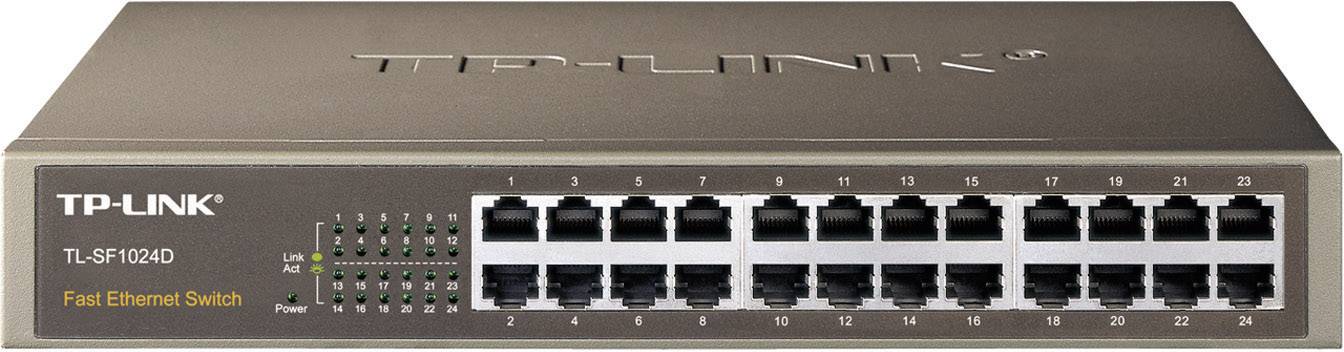 A TP-Link Fast Ethernet Switch with 24 Ports, Model TL-SF1024D. Suitable for connecting multiple devices to a network.
